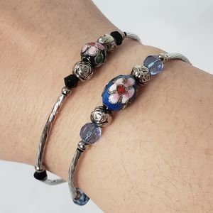 Pink Flower Black Blue Cloisonne Beads Bracelet
